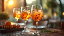 a group of glasses with orange liquid and ice