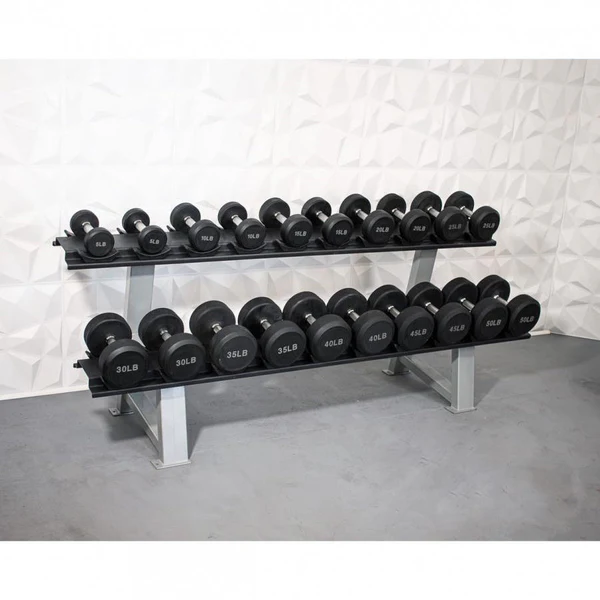 a rack of weights in a room