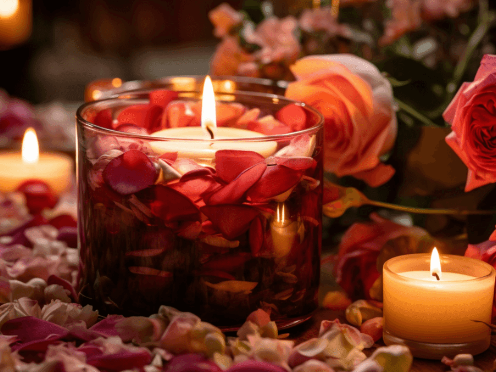 a candle in a glass with flowers and candles