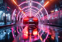 a car driving through a tunnel with pink lights