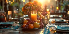 a table with fruit and a candle