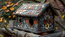 a birdhouse with colorful circles and flowers