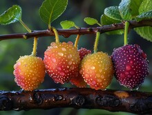 a group of fruits on a branch