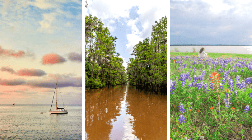 a collage of different views of a lake and a boat