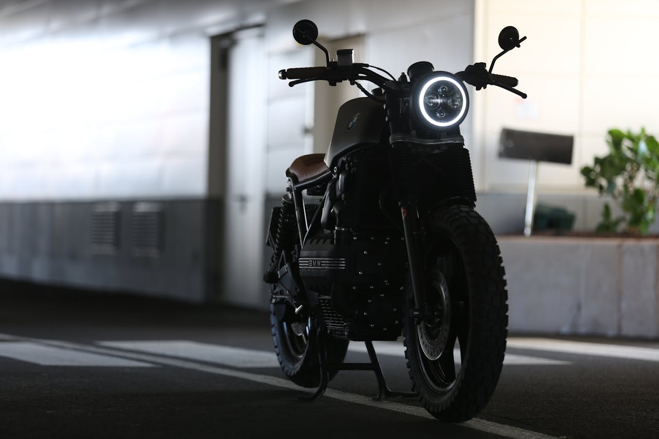 a motorcycle parked in a building