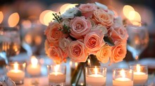 a bouquet of roses and candles