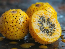 a yellow fruit with black dots