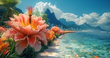 a row of flowers next to a body of water