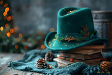 a green hat on a stack of books