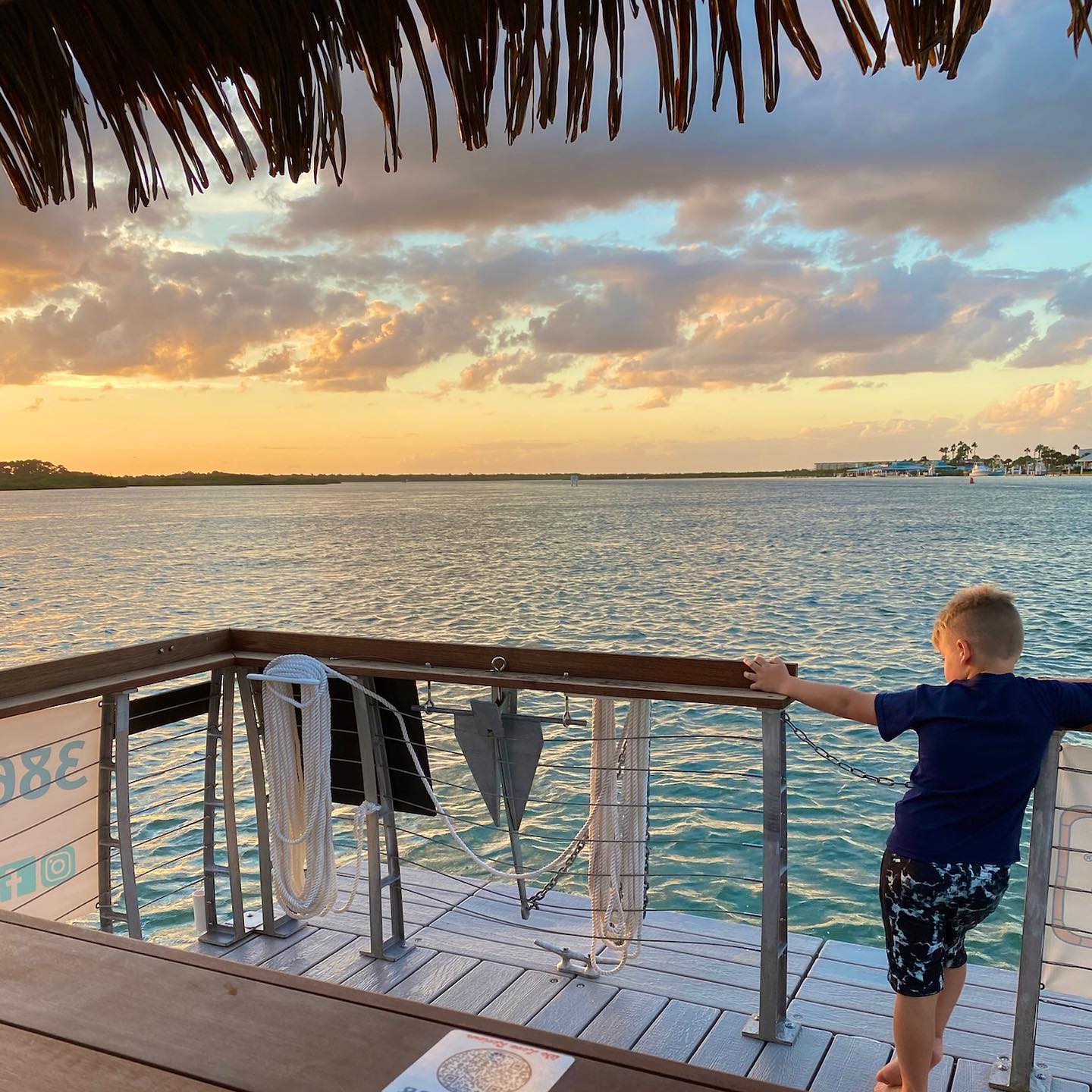 a boy standing on a deck overlooking water