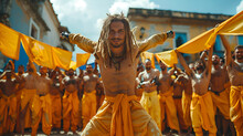 a man with long hair wearing yellow pants and holding his arms out