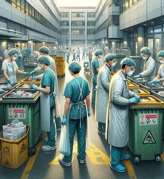 a group of people in scrubs and masks in a hospital