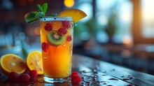 a glass of orange drink with fruit