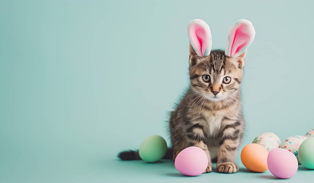 a cat with bunny ears and eggs