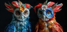 two owls with flowers on their heads