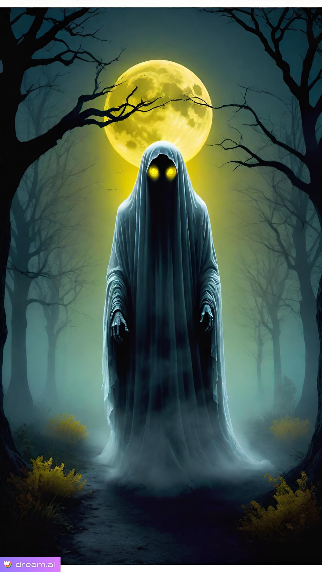 a person in a white robe with yellow eyes standing in a forest