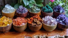 a group of bowls of different colored rocks