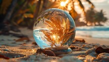 a glass ball with a reflection of a beach and trees