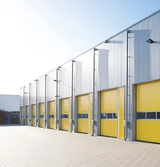 a building with yellow doors