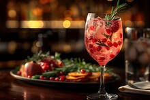 a glass of red drink with a rosemary and fruit on a plate