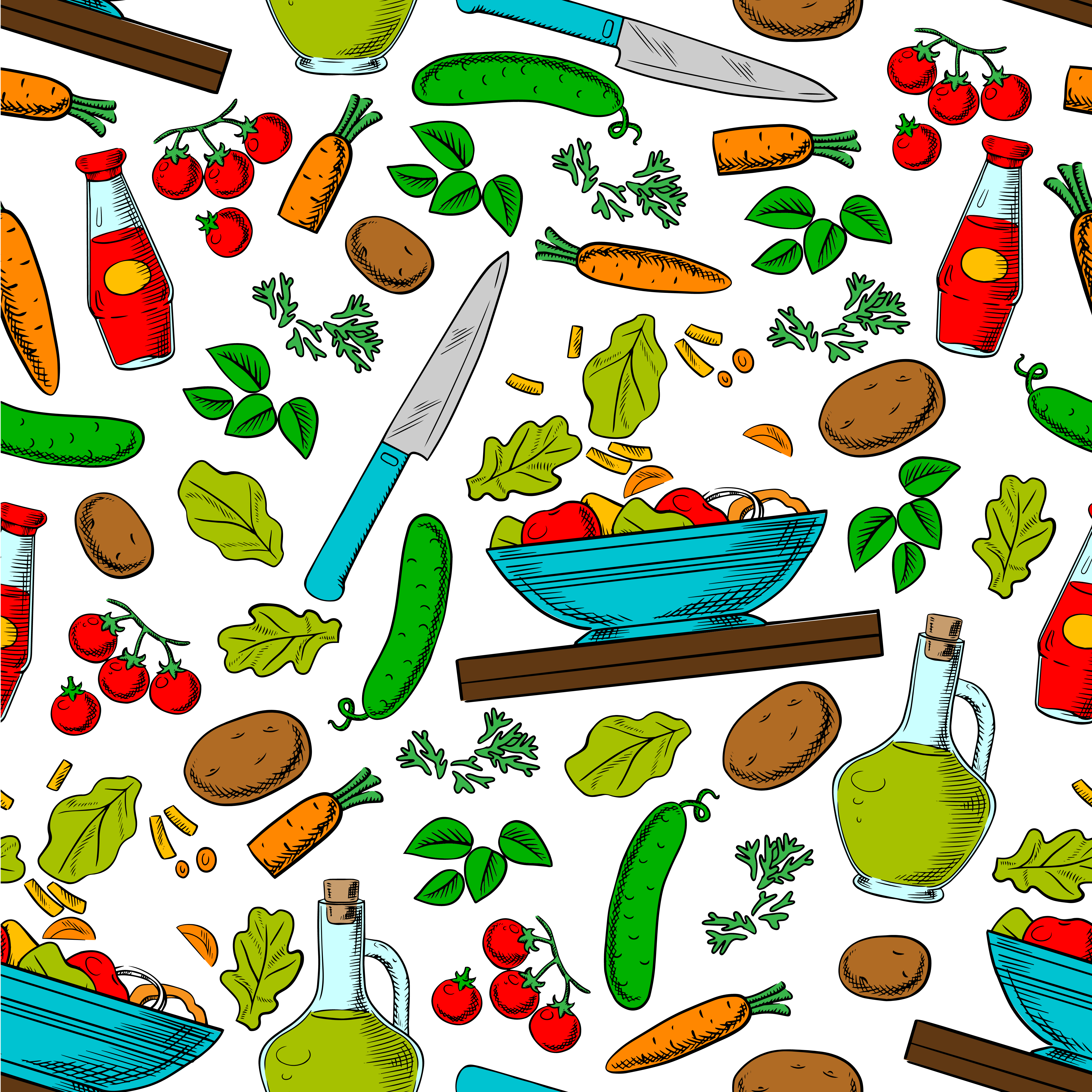 a pattern of vegetables and a bowl of salad