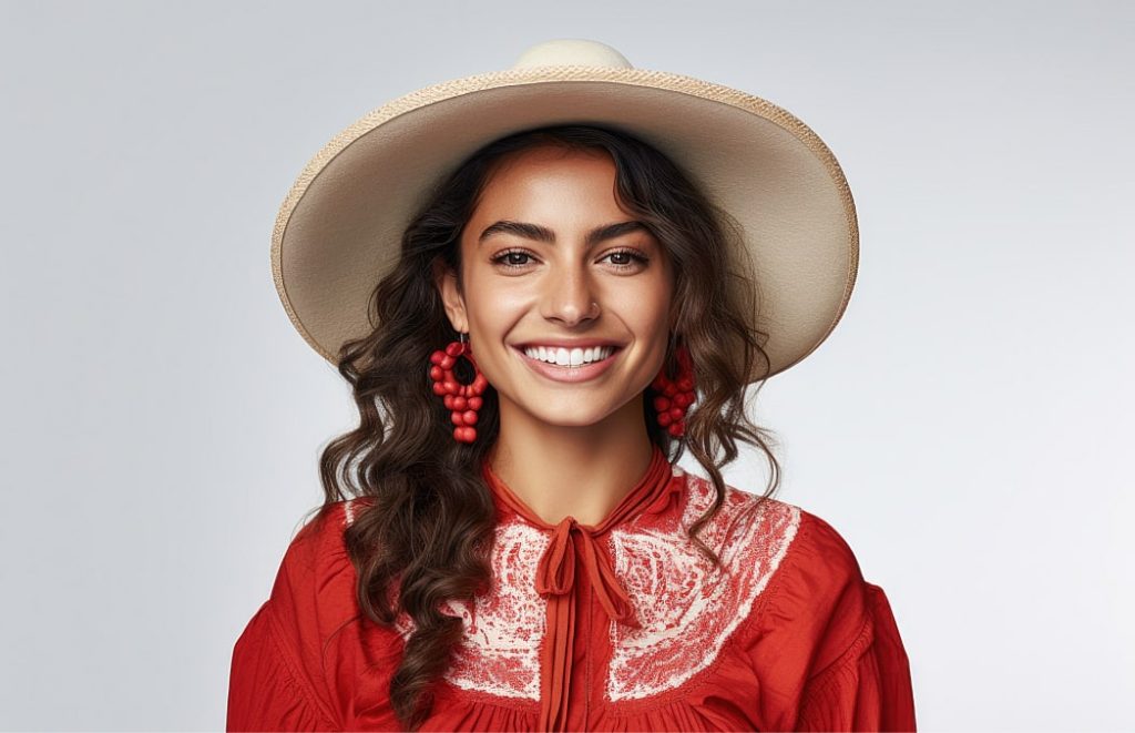 a woman wearing a hat and red shirt