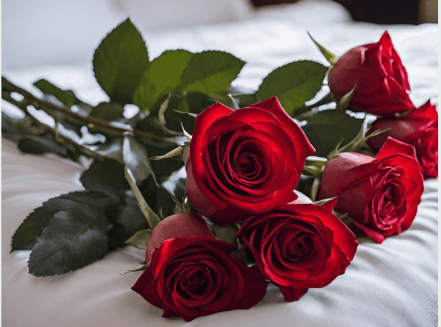 a group of red roses on a bed