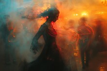 a woman in a dress dancing in smoke