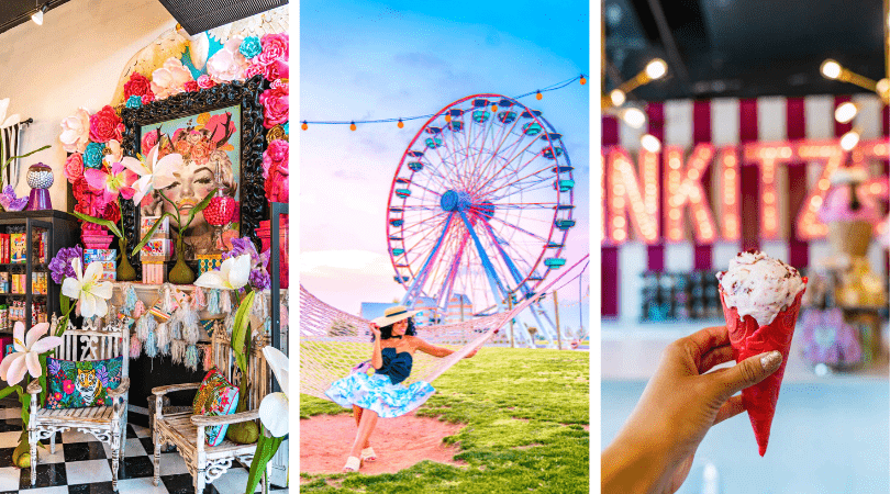 a collage of images of a woman and a ferris wheel