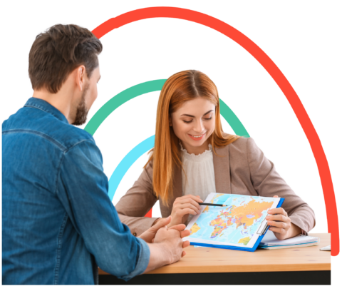 a man and woman looking at a map