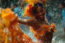 a woman in orange dress dancing in water