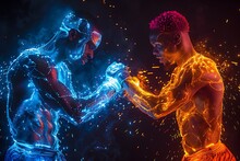 two men fighting with fire and light