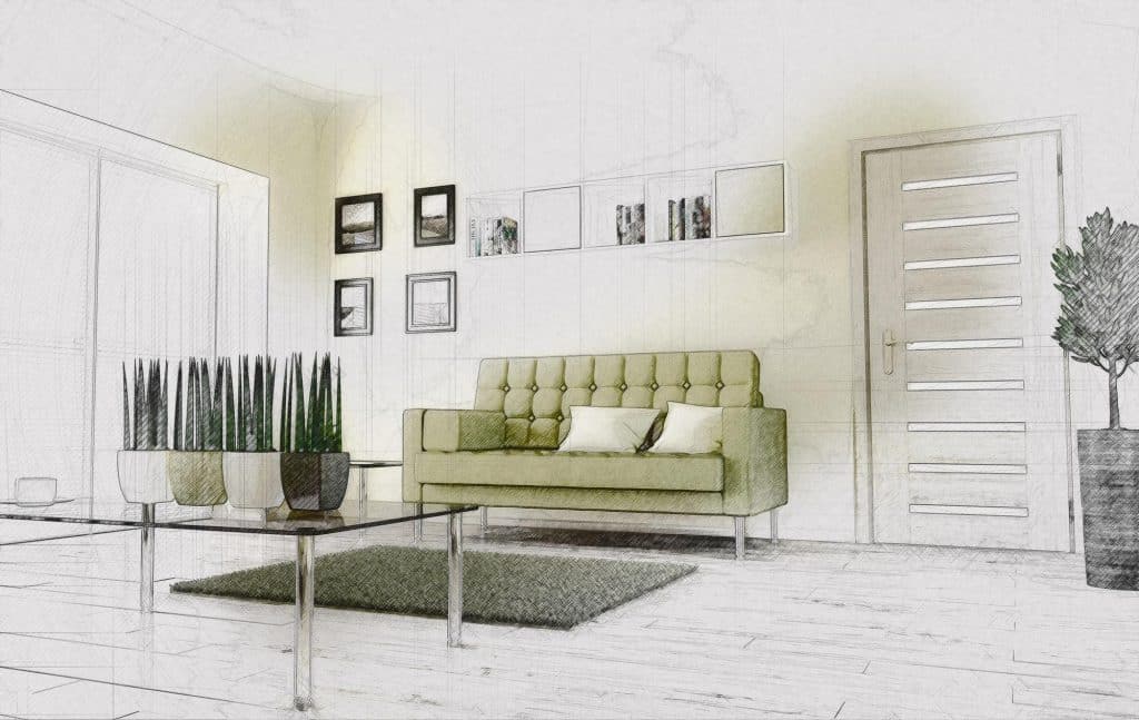 drawing of a living room with a couch and a coffee table