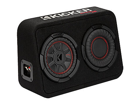 a black speaker box with red and black circles