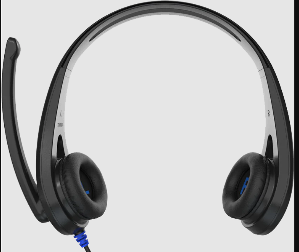 a black headphones with blue cord