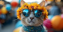 a cat wearing sunglasses and flowers