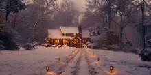 a house with lights in the snow