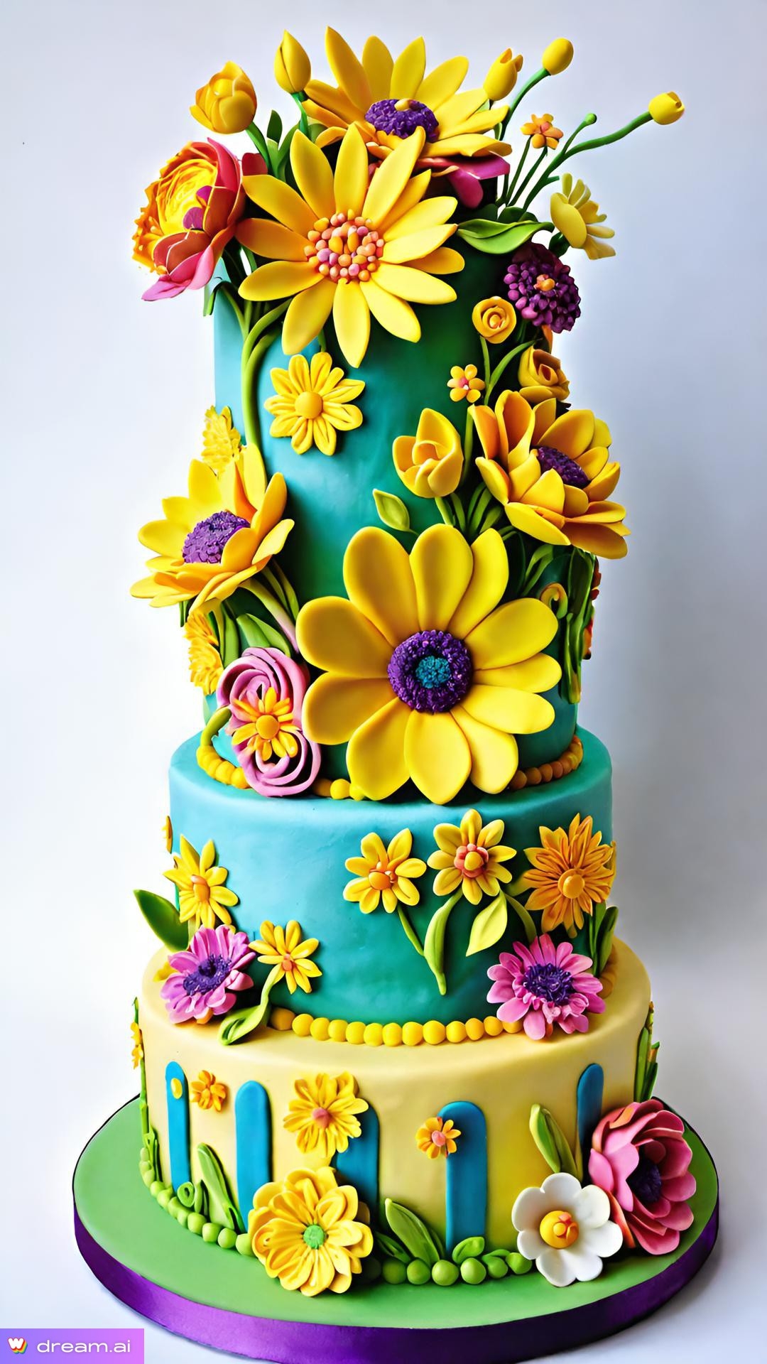 a multi layered cake with flowers