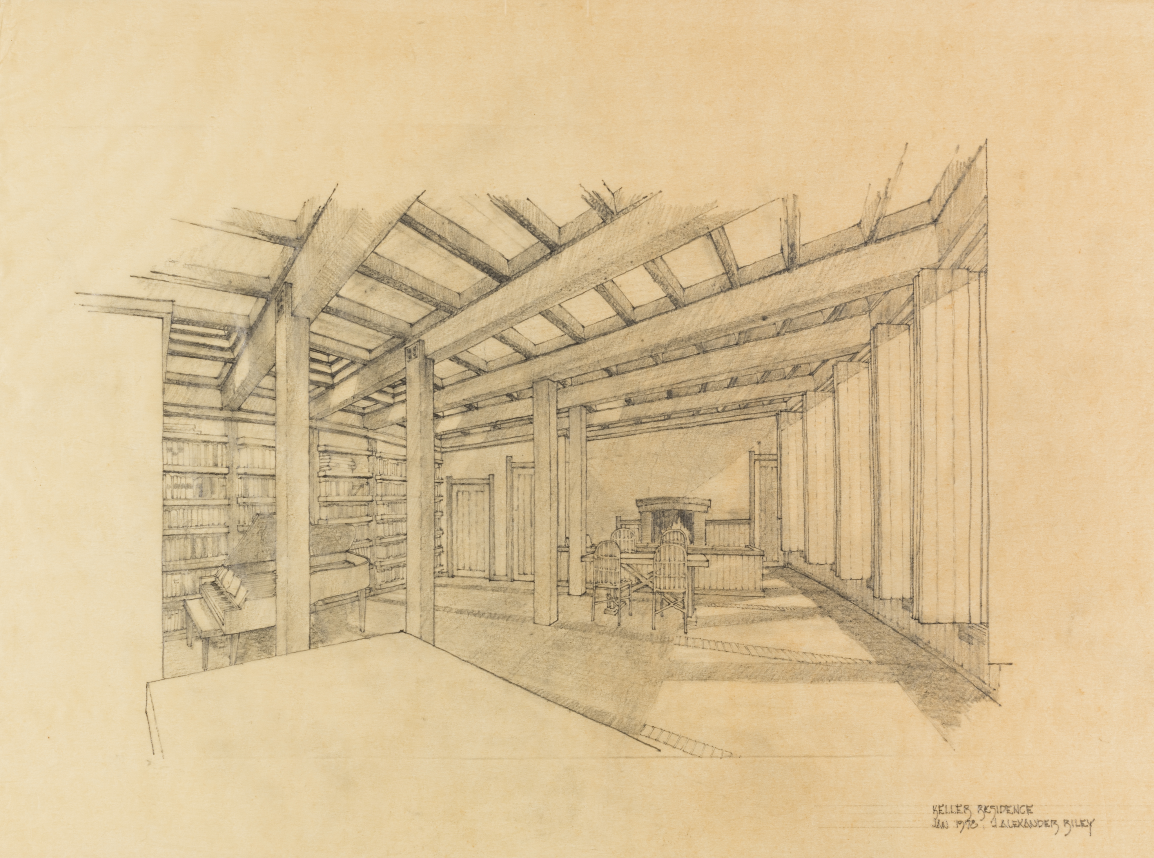 a drawing of a room with a bookcase and a fireplace
