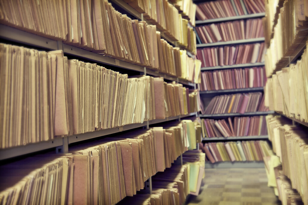 a shelves with files on them