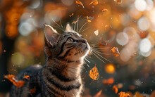 a cat looking up at falling leaves