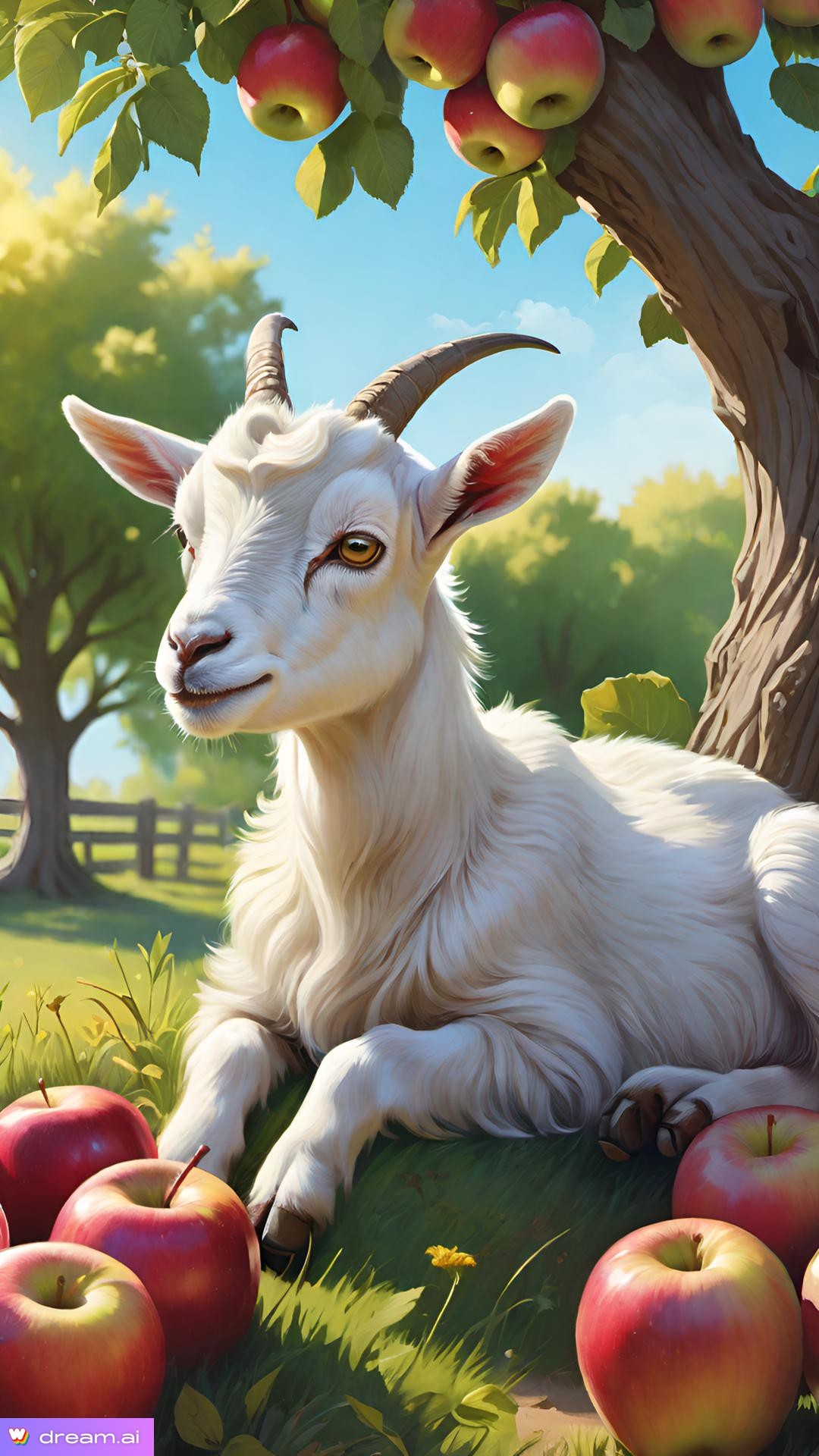 a white goat lying down next to a tree and apples