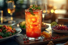 a glass of red liquid with ice and mint leaves on a table