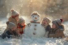 a group of children and a snowman