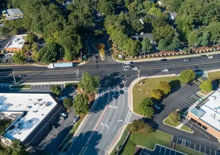 an aerial view of a road intersection