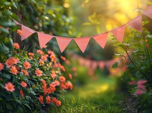 a group of flags from a string in a garden