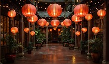 a walkway with lanterns from the ceiling