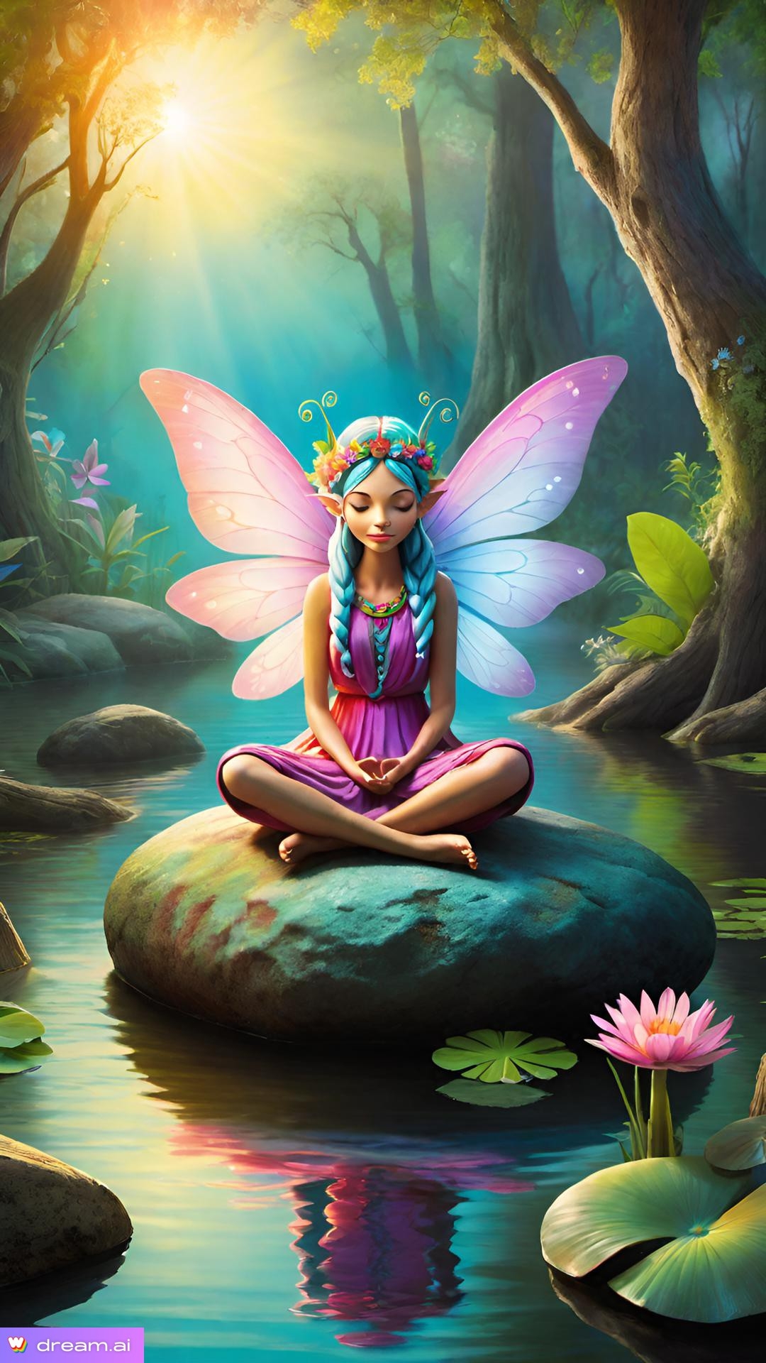 a cartoon of a fairy sitting on a rock in a forest