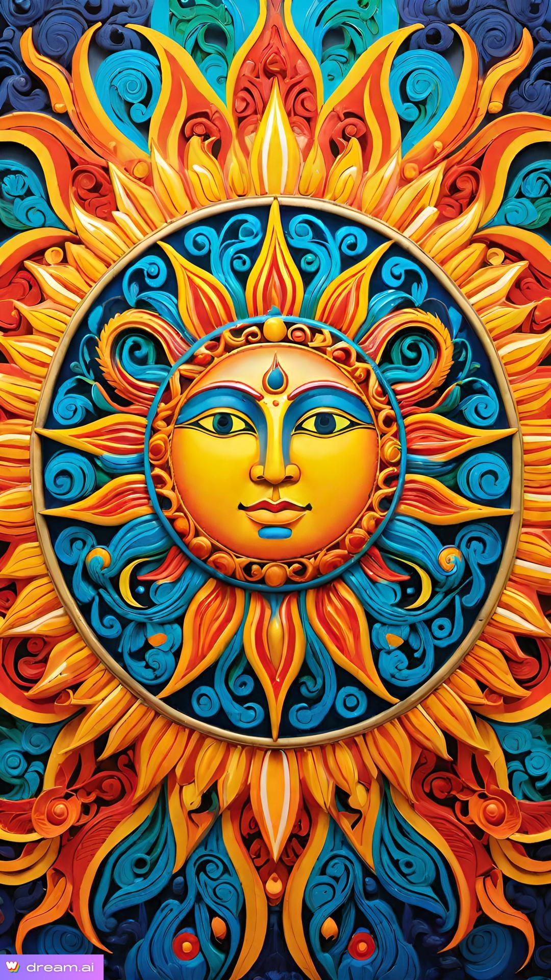 a colorful sun with a face