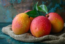 a group of mangoes on a burlap cloth